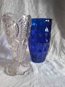 lot 1525 image: Cut Glass Vase Set - Clear and Cobalt Blue