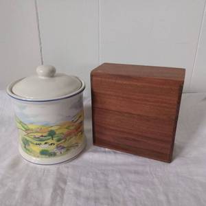 lot 2006 image: Decorative Pastoral Scene Cookie Jar  Wooden Recipe Box&nbsp