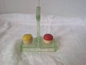 lot 2036 image: Rose Pattern Salt and Pepper Shaker with Green Glass Stand