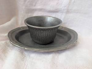 lot 2044 image: Pewter Cup and Saucer Set