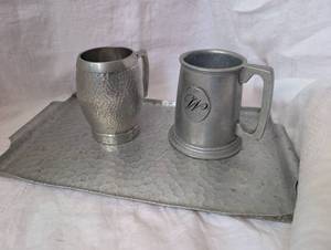 lot 2051 image: Hammered Pewter Beer Stein w Matching Tray ( bonus stein)