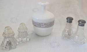 lot 2062 image: Milk Glass Pitcher  Glass Salt and Pepper Collection