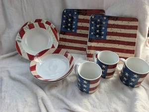lot 2065 image: Warren Kimble Sakura American Flag Dinnerware Set