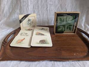 lot 2083 image: Wooden Serving Tray  Coaster Sets&nbsp