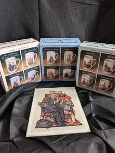 lot 2091 image: Norman Rockwell Collectors Mug Set with Gold Trim - 3 Full Sets  Artwork