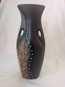 lot 2534 image: Handcrafted Black Clay Vase with Carved Wood Pattern - 13 in&nbsp