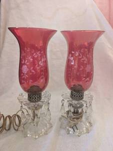 lot 2541 image: Cranberry Glass Hurricane Shades with Crystal Prisms
