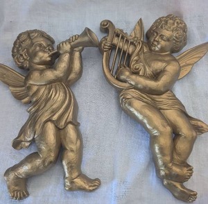 lot 2544 image: Gold Tone Cherub Wall Sculptures - 2 ct - 15 in