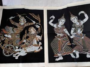 lot 2545 image: Krishna Guiding Arjunas Chariot  Thai Dancing Goddesses on Silk - 22x22 in