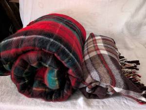 lot 3051 image: Red Plaid Double Sided Blanket  Brown Faribault Plaid Wool Throw Blanket