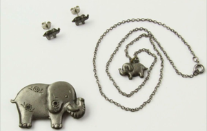 lot 3611 image: Brass Elephant Brooch, Earring, Necklace Set