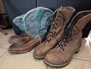 lot 3706 image: Red Wing Logger Boots - Size 9  and Turquoise Western Boots - Size 8.5