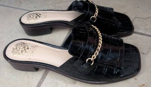 lot 3708 image: Vince Camuto Black Croc Chain Slides- Size 9
