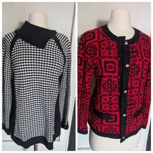 lot 3909 image: Red and Black Geometric Pattern Cardigan  Black Houndstooth Sweater&nbsp