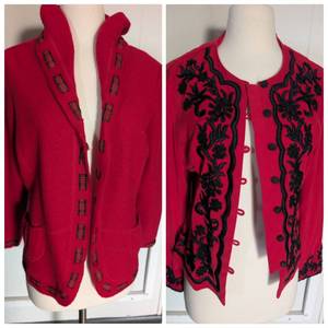 lot 3910 image: Red Wool Cardigan  Black Pattern Red Cardigan