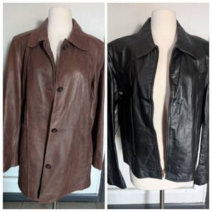 lot 3918 image: Preston &amp York Brown Leather (Large)  Jean Pierre Black Leather Jacket (size 44)