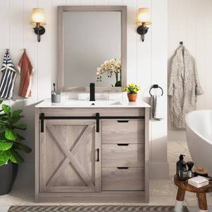 lot 17761 image: 36 Inch Bathroom Vanity w  Mirror, Farmhouse Bathroom Vanity Cabinet Set with Sliding Barn Door & Drawers, Small Single Bath Storage Vanity Sink, Grey - NO SINK OR FAUCET, JUST CABINET AND MIRROR ONLY - Retail $399