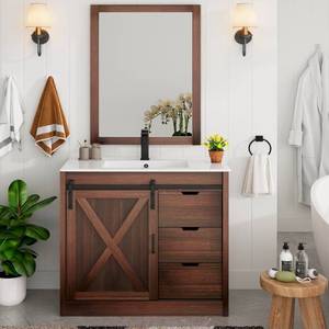 lot 17762 image: 36 Inch Bathroom Vanity w  Mirror, Farmhouse Bathroom Vanity Cabinet Set with Sliding Barn Door & Drawers, Small Single Bath Storage Vanity Sink, Brown- NO SINK OR FAUCET, JUST CABINET AND MIRROR ONLY - Retail $399