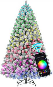 lot 17763 image: HOLLO STAR 7 ft Flocked Prelit Christmas Tree with 350 LED Lights, App Control, Artificial Christmas Tree, Multi-Color RGBW Lights, 947 Branch Tips, Snow Xmas Tree, for Home, Party - Retail $199