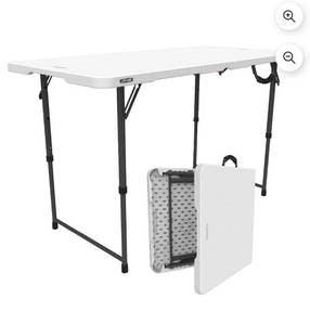 lot 17771 image: Lifetime 4 Foot Fold-in-Half Adjustable Height Table, IndoorOutdoor Essential, White - Retail $45