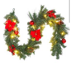 lot 17782 image: Qeetex 6ft Christmas Garland for Mantle Battery Operated Poinsettia Garland with 20 LED Lights Ball Ornaments 8 Modes for Fireplace Stair Railing Decoration-Red - Retail $30