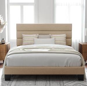 lot 17784 image: Allewie Full Size Platform Bed Frame with Fabric Upholstered Headboard and Wooden Slats Support, Fully Upholstered Mattress FoundationNo Box Spring NeededEasy Assembly, Beige - Retail $199