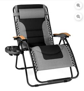 lot 17785 image: Oversized Padded Zero Gravity Chair, Foldable Patio Recliner, 30 Wide Seat Anti Gravity Lounger with Cup Holder, Support 400 LBS (Gray) - Retail $109
