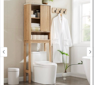 lot 17792 image: 68 Tall Modern Over The Toilet Storage Cabinet, Tall Wood Space Saver - Retail $149