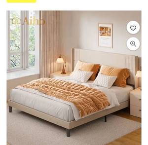 lot 17795 image: King Platform Bed Frame with Wingback Headboard, Beige - Retail $179