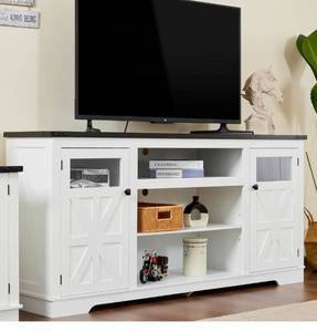 lot 17799 image: Real Relax 65 Farmhouse TV Stand, Rustic Entertainment Center for 75-inch TVs, Adjustable Divider, Media Console Cabinet, Suitable for Living Room, White - Retail $199
