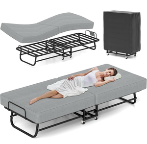 lot 17800 image: Folding Bed with Mattress, Portable Foldable Bed for Adults, Roll Away Guest on Wheels, Memory Foam Mattress and Metal Frame, Space Saving Fold Up for Easy Storage, 75 x 31 - Retail $139