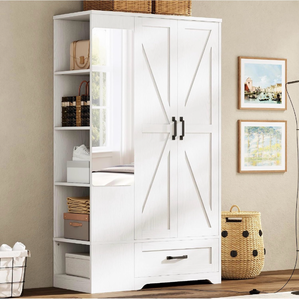 lot 17801 image: LIKIMIO Armoire Wardrobe Closet with Mirror, 70�� Wooden Wardrobe Cabinet with 4 Doors, 2 Open Storage Shelves, Freestanding Bedroom Armoire with 3 Hooks & Hanging Rod for Home Room, White - Retail $185