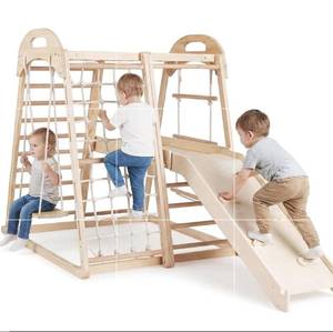 lot 17806 image: Costzon Indoor Playground, 8-in-1 Kids Montessori Jungle Gym Climbing Toys with Baby Slide, Swing, Basketball Hoop, Monkey Bar, Rope Net, Ladder, Wooden Climber Playset for Kids Ages 3-5 (Natural) - Retail $189