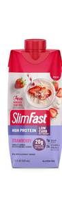 lot 3437 image: SlimFast Protein Shake, Strawberry- 20g Protein, Meal Replacement Shake Ready to Drink, High Protein with Low Carb and Low Sugar, 24 Vitamins and Minerals, 4 count