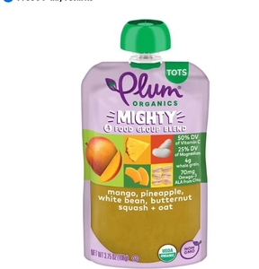 lot 3525 image: Plum Organics Mighty 4 Food Group Blend Mango, Pineapple, White Bean, Butternut Squash  Oat 3.75oz Pouch 6 pack