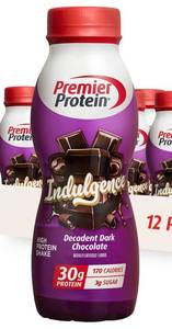 lot 3529 image: Premier Protein Shake INDULGENCE, Decadent Dark Chocolate, 30g Protein, 170 Calories, 3g Sugar, 11.5 fl oz, 4 Pack