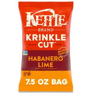 lot 3571 image: Kettle Brand Potato Chips, Krinkle Cut, Habanero Lime Kettle Chips, 7.5 Oz