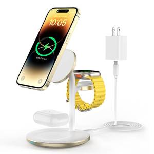 lot 15736 image: 3 in 1 Wireless Charging Station for Apple Devices, Fast Wireless Mag-Safe Charger Stand with 20W Adapter for iPhone  - Retail $40