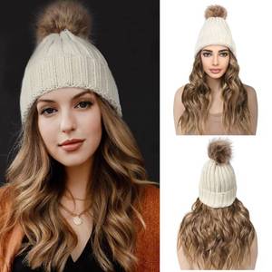 lot 15739 image: Beanie Wig Hair Extensions, Warm Knitted Beanie Hat with Hair 12 Beach Wavy Hair Extension Synthetic Hairpiece for Women - Beige Beanie, Light Brown with Highlights Hair