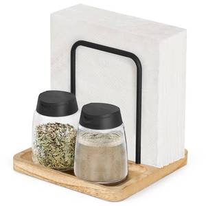 lot 15741 image: Napkin Holder for Table Farmhouse Black Wooden Napkin Dispenser Rustic Paper Napkin Storage for Kitchen Dining Room Coffee Bar (Salt and Pepper Shakers not Included) (Nature) - Retail $13