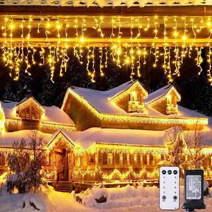 lot 15755 image: 38.8FT Icicle Lights for Outside, 400 LED Icicle Christmas Lights Outdoor Indoor Plug in, Warm White String Lights for Christmas House Patio Party Fireplace Holiday Decorations - Retail $30