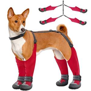 lot 15774 image: Dog Suspender Boots, Tall Dog Boots Anti-Slip & Fall Waterproof Shoes Leggings, Adjustable Suspender Boots for Winter Snow Rain Hiking Paws Protector (Red, 1) - Retail $38