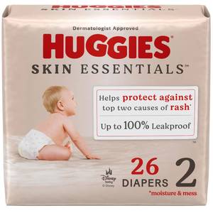 lot 15775 image: Huggies Size 2 Diapers, Skin Essentials Baby Diapers, Size 2 (12-18 lbs), 26 Count, Packaging May Vary - Retail $11