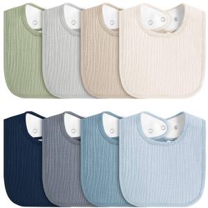 lot 15798 image: 8-Pack Baby Muslin Bibs, Soft Cotton Drool Bibs for Boys Girls, Adjustable and Absorbent Newborn Bib Set for Feeding and Drooling - Retail $16