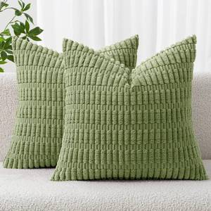 lot 15809 image: Pack of 2 Spring Corduroy Decorative Throw Pillow Covers 18x18 Inch Soft Boho Striped Pillow Covers Modern Farmhouse Home Decor for Summer Sofa Living Room Couch Bed Sage Green - Retail $15