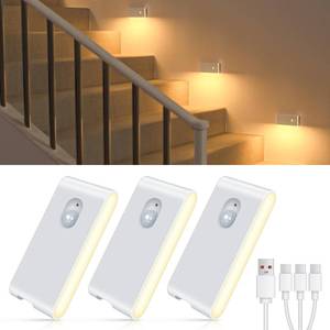 lot 15811 image: Motion Sensor Night Light, Rechargeable Stair Lights Indoor, Warm White Motion Sensor Light Indoor, Battery Operated Night Light for Hallway, Stairway, Bathroom, Bedroom, Kitchen, 3 Pack - Retail $16