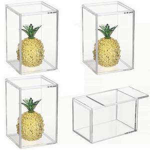 lot 15830 image: 4 Pack Clear Display Case for Mini Action Figures, Acrylic Box with Sliding Door, Stackable Cube Small Showcase, Free Standing Collectibles Protection, 3x3x4.5 Inches - Retail $24