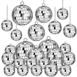 lot 15835 image: 20 Pcs Disco Balls, 4 Sizes Mini Mirror Ball Decorations Silver Hanging Ornaments with Rope for 70s Disco Theme Wedding Birthday Party Dance Music Prom Props - Retail $10