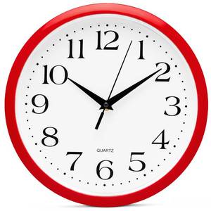 lot 15836 image: Red Wall Clock Silent Non Ticking - 10 Inch Quality Quartz Battery Operated Round Easy to Read HomeKitchenOfficeClassroomSchool Clocks, Vintage Retro Red Frame Black Numbers - Retail $15