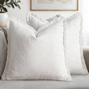 lot 15846 image: Decorative Throw Pillow Covers Neutral Linen Fringe Throw Pillows Set of 2 White Boho Farmhouse Cushion Covers with Tassels for Couch Sofa Bed Living Room Spring Home Decor 20x20 Inch - Retail $29